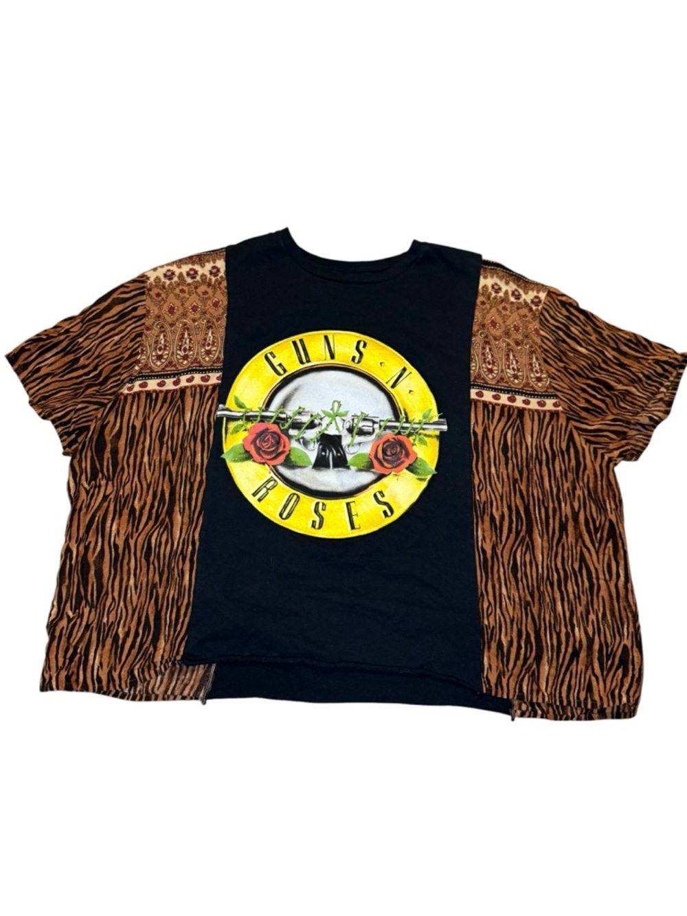 Guns N' Roses Black Graphic Tee Upcycled  with Brown Animal-Print Panels